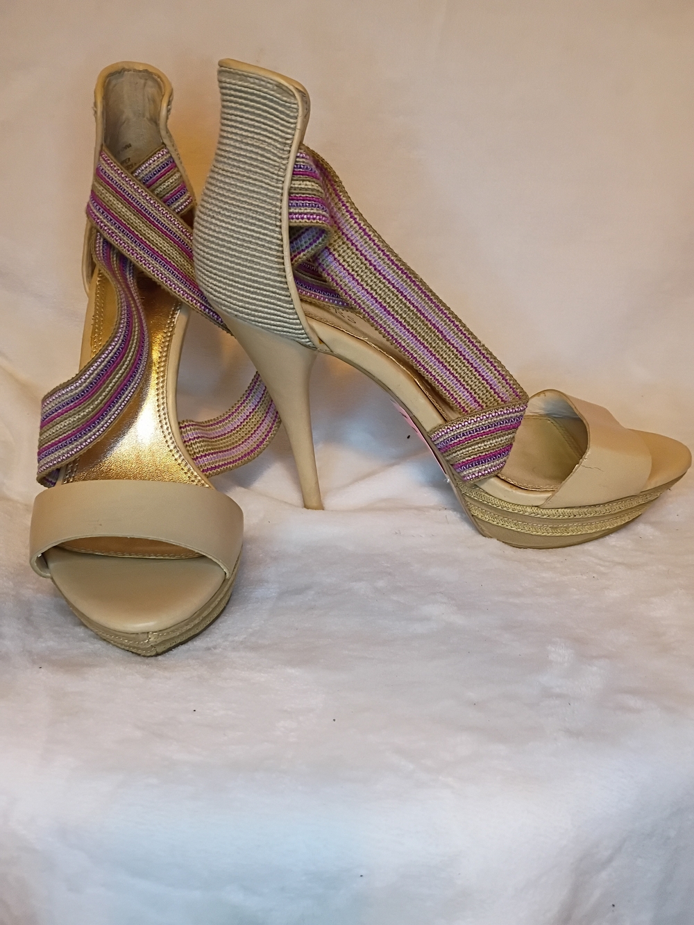 Beige Platform Heels with Pink-Stripes